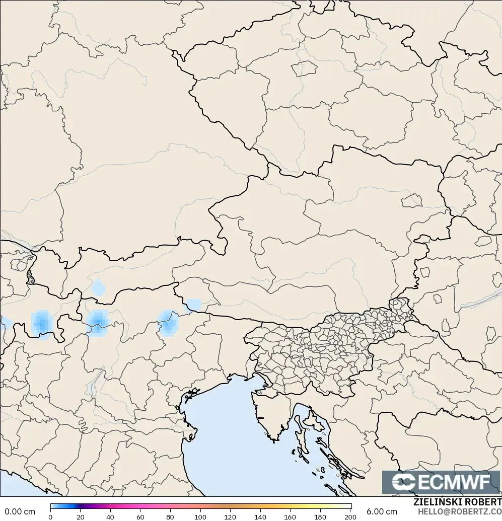 ECMWF IFS 0.25° modelo - Austria, Profundidad de nieve
