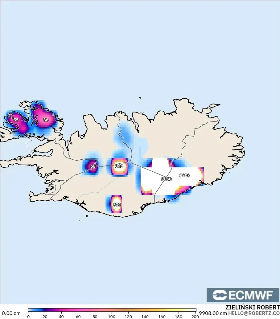 ECMWF IFS 0.25° modelo - Islandia, Profundidad de nieve