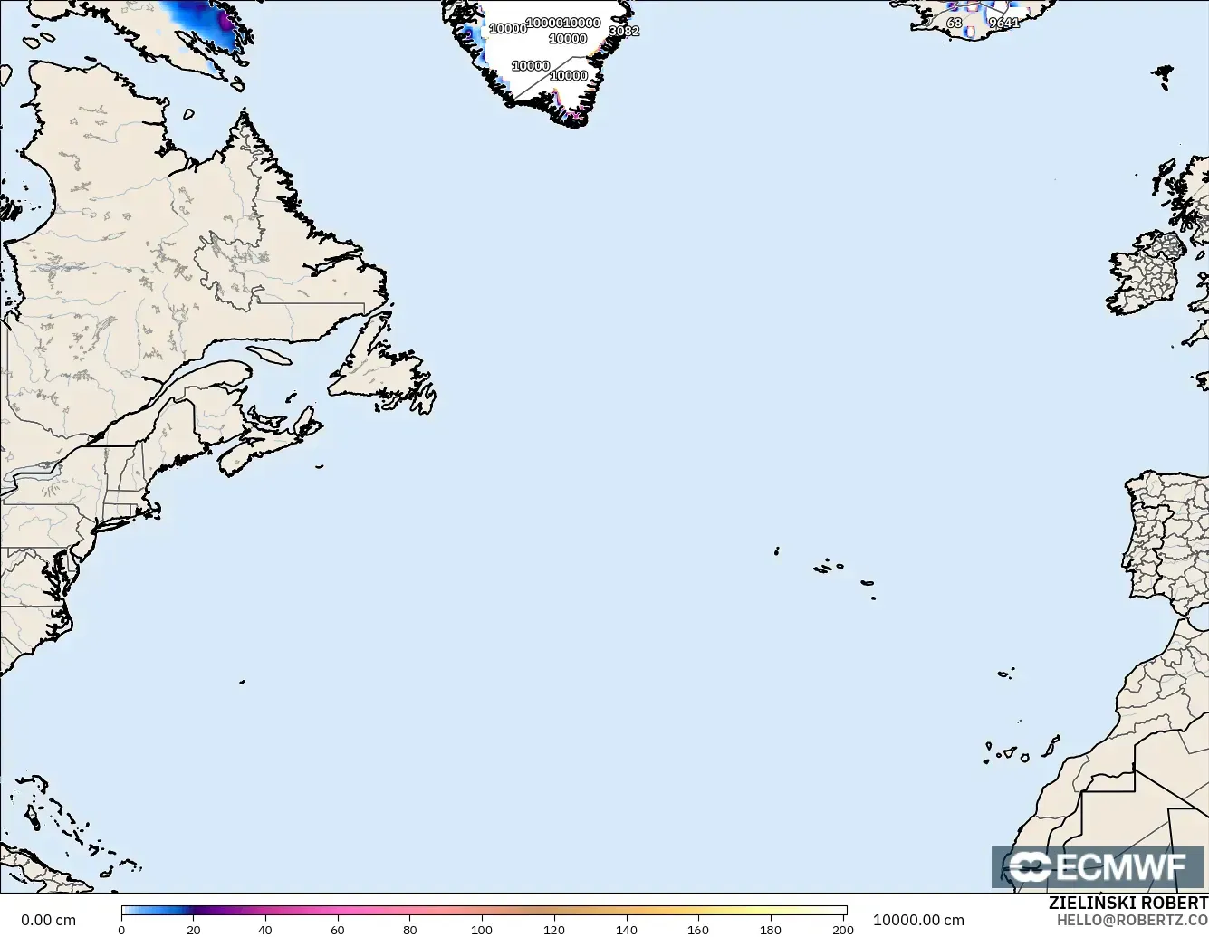 ECMWF IFS 0.25° modelo - Norte Atlántico, Profundidad de nieve