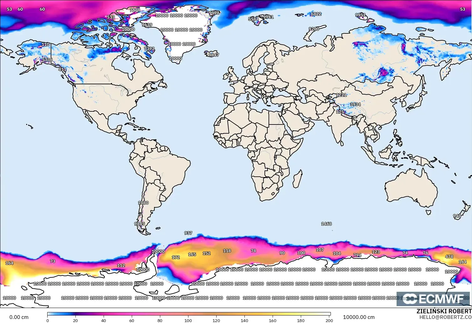 ECMWF IFS 0.25° modelo - Mundo, Profundidad de nieve