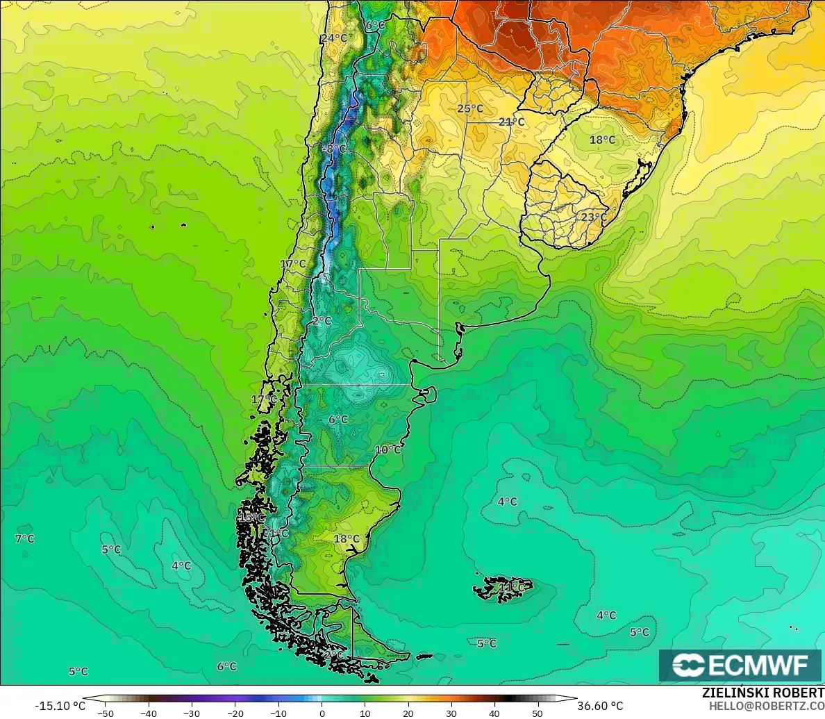 ECMWF IFS 0.25° modelo - Argentina, Temperatura a 2 m
