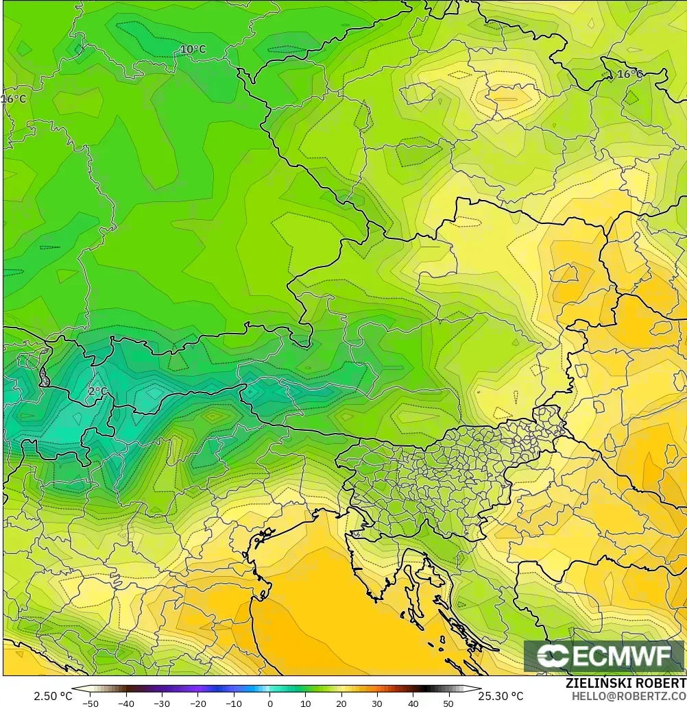 ECMWF IFS 0.25° modelo - Austria, Temperatura a 2 m