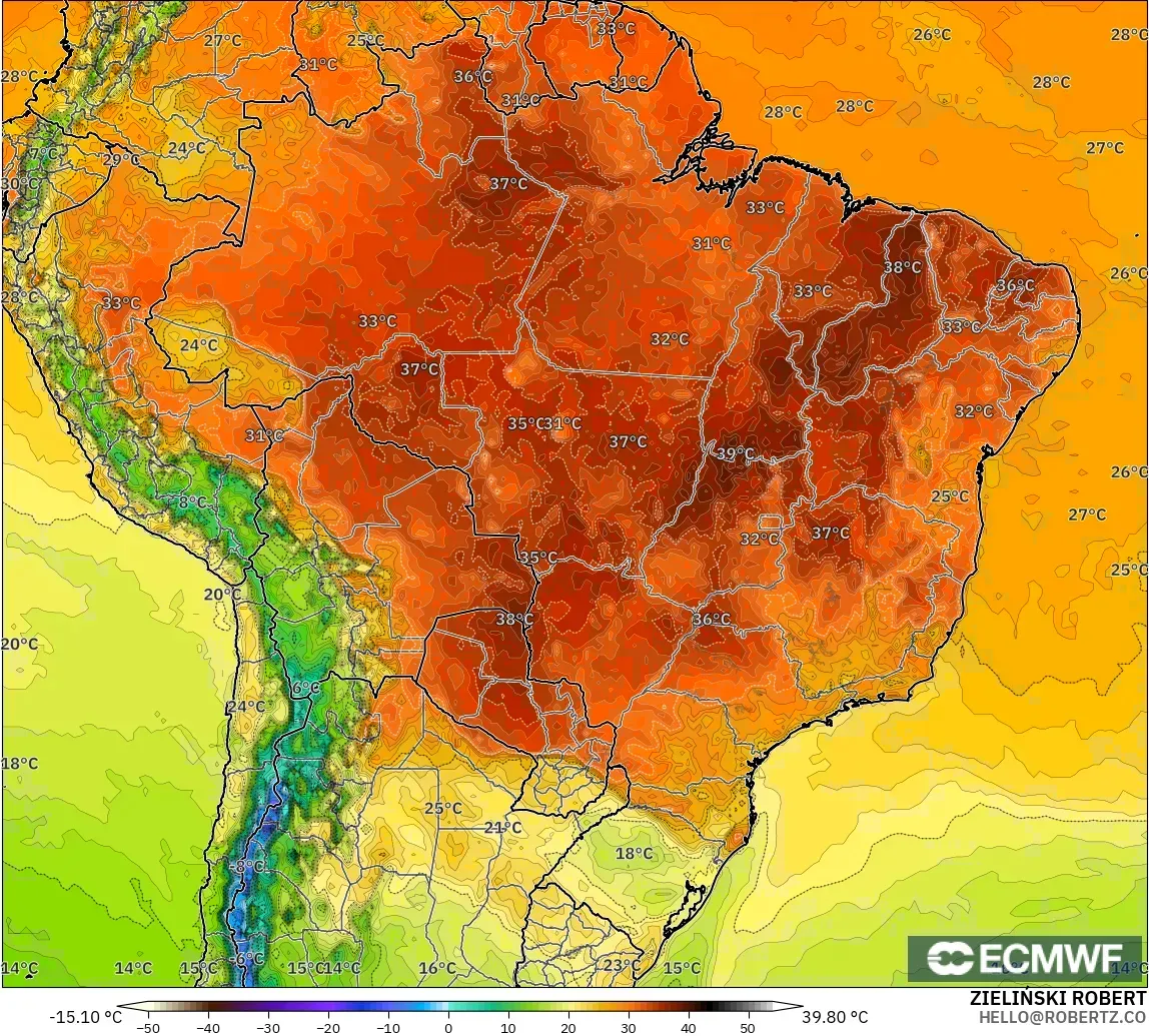 ECMWF IFS 0.25° modelo - Brasil, Temperatura a 2 m