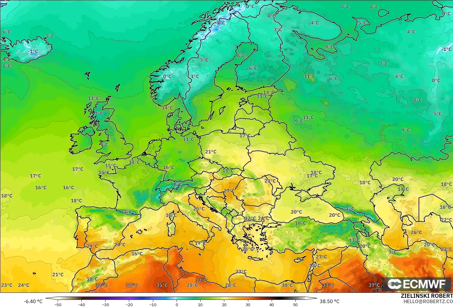 ECMWF IFS 0.25° modelo - Europa, Temperatura a 2 m
