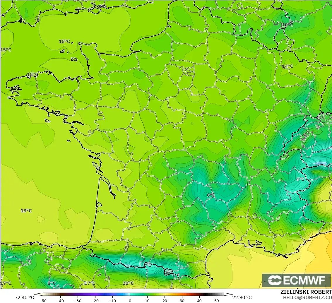 ECMWF IFS 0.25° modelo - Francia, Temperatura a 2 m