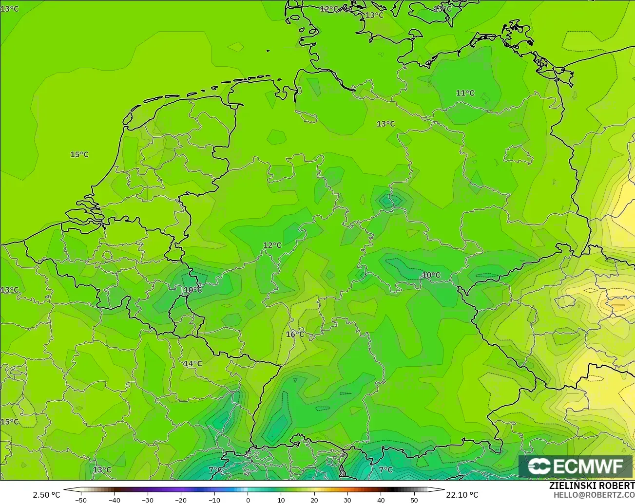 ECMWF IFS 0.25° modelo - Alemania, Temperatura a 2 m