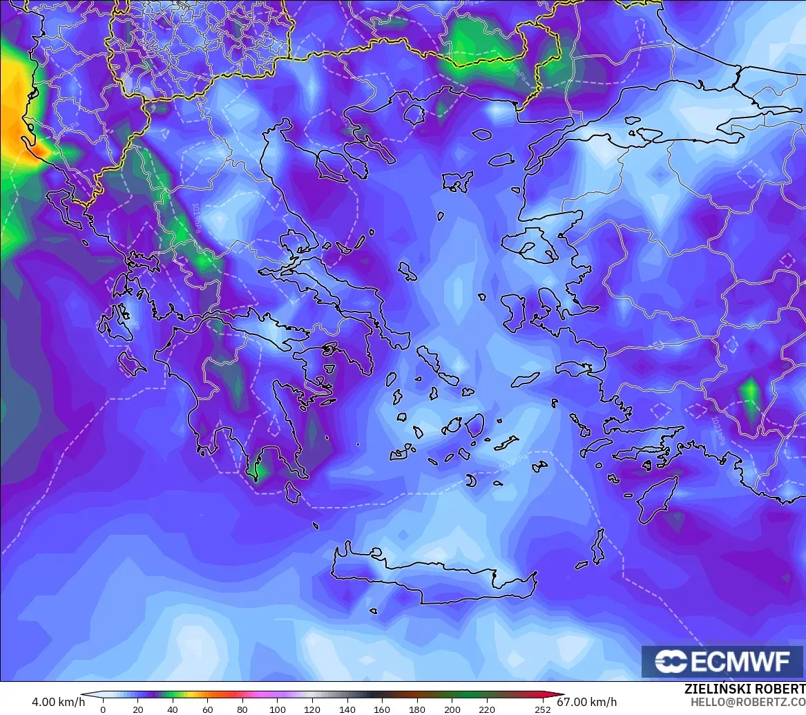 ECMWF IFS 0.25° modelo - Grecia, Ráfagas de Viento Máximas