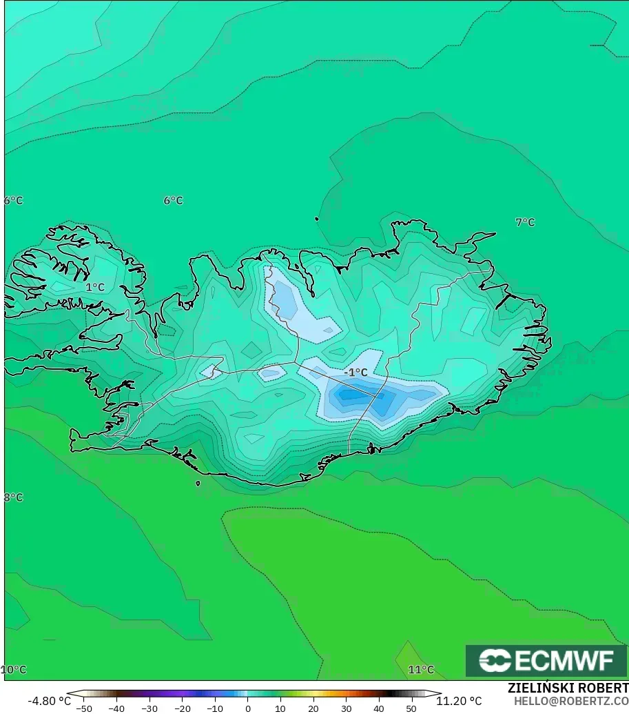 ECMWF IFS 0.25° modelo - Islandia, Temperatura a 2 m