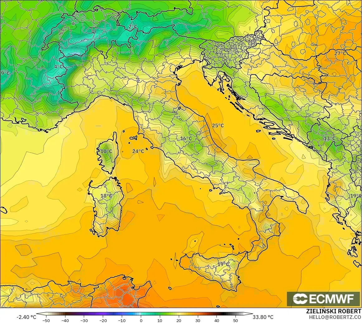 ECMWF IFS 0.25° modelo - Italia, Temperatura a 2 m