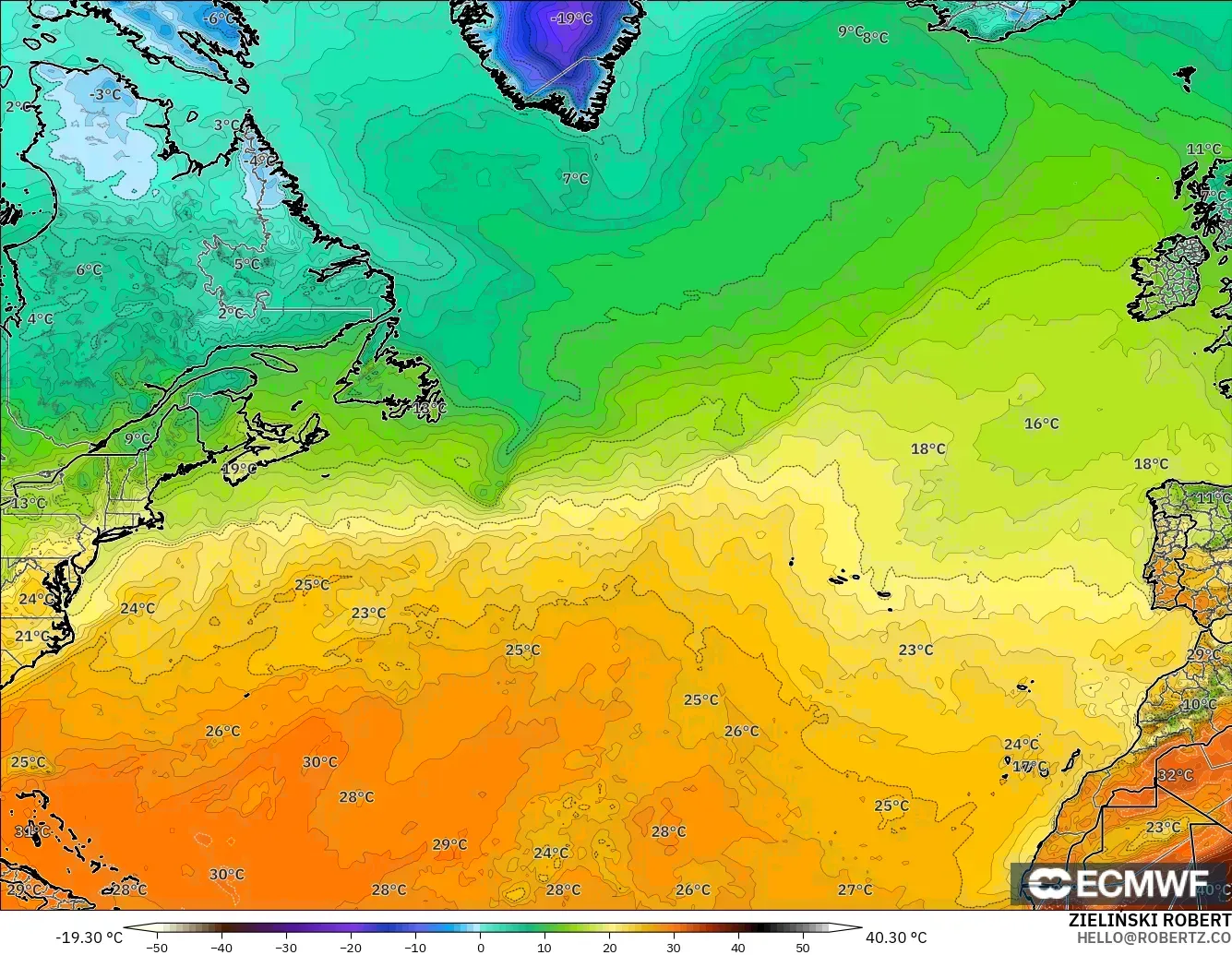 ECMWF IFS 0.25° modelo - Norte Atlántico, Temperatura a 2 m