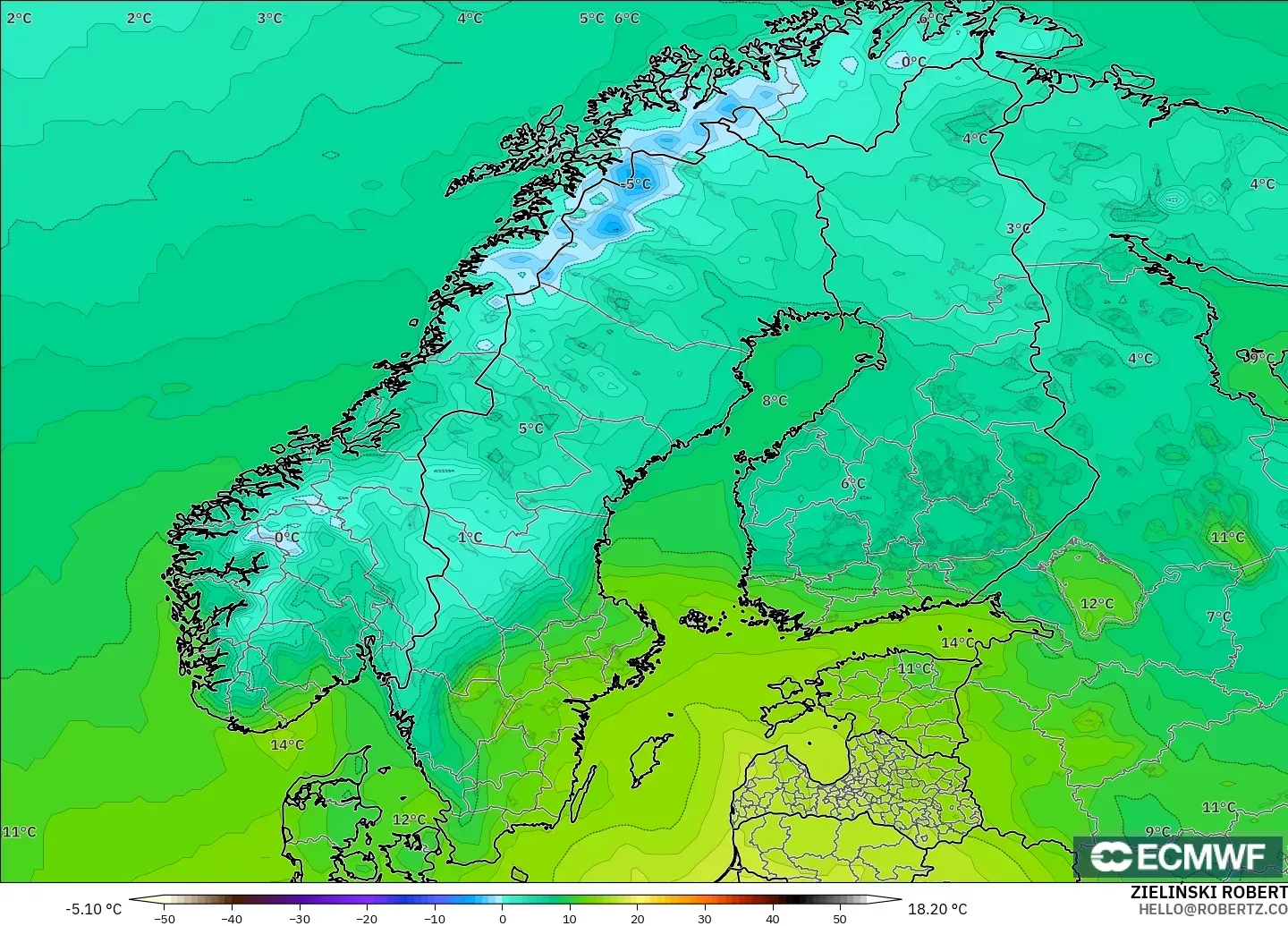 ECMWF IFS 0.25° modelo - Escandinavia, Temperatura a 2 m