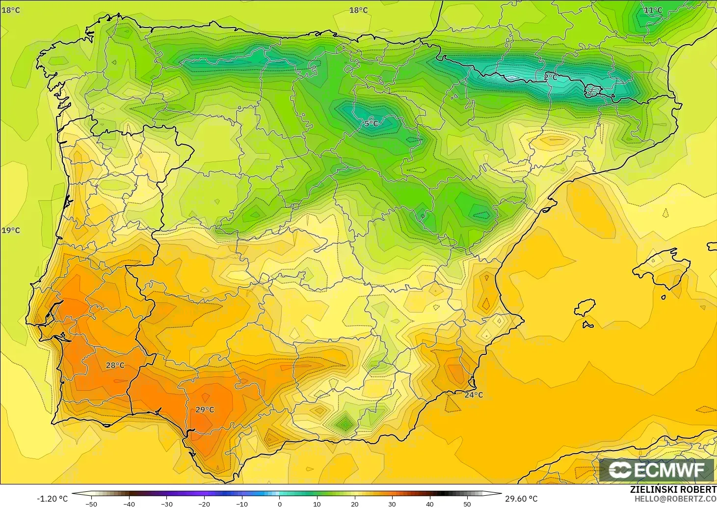 ECMWF IFS 0.25° modelo - España, Temperatura a 2 m