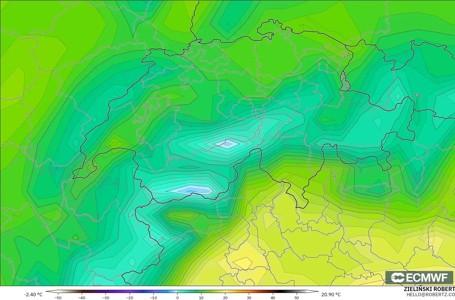 ECMWF IFS 0.25° modelo - Suiza, Temperatura a 2 m