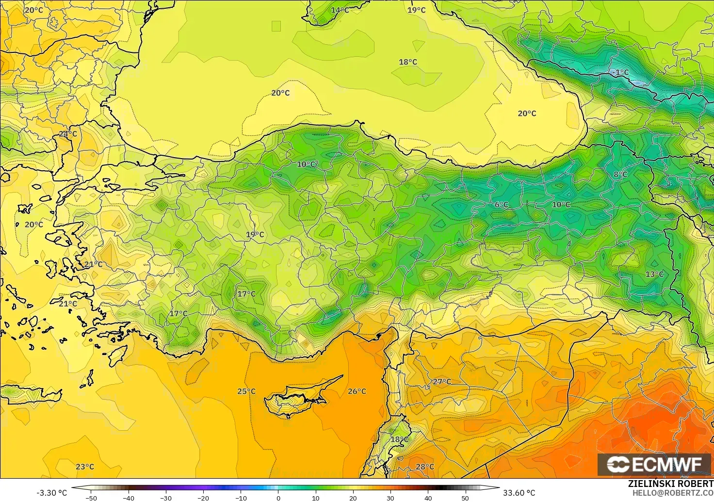 ECMWF IFS 0.25° modelo - Turquía, Temperatura a 2 m