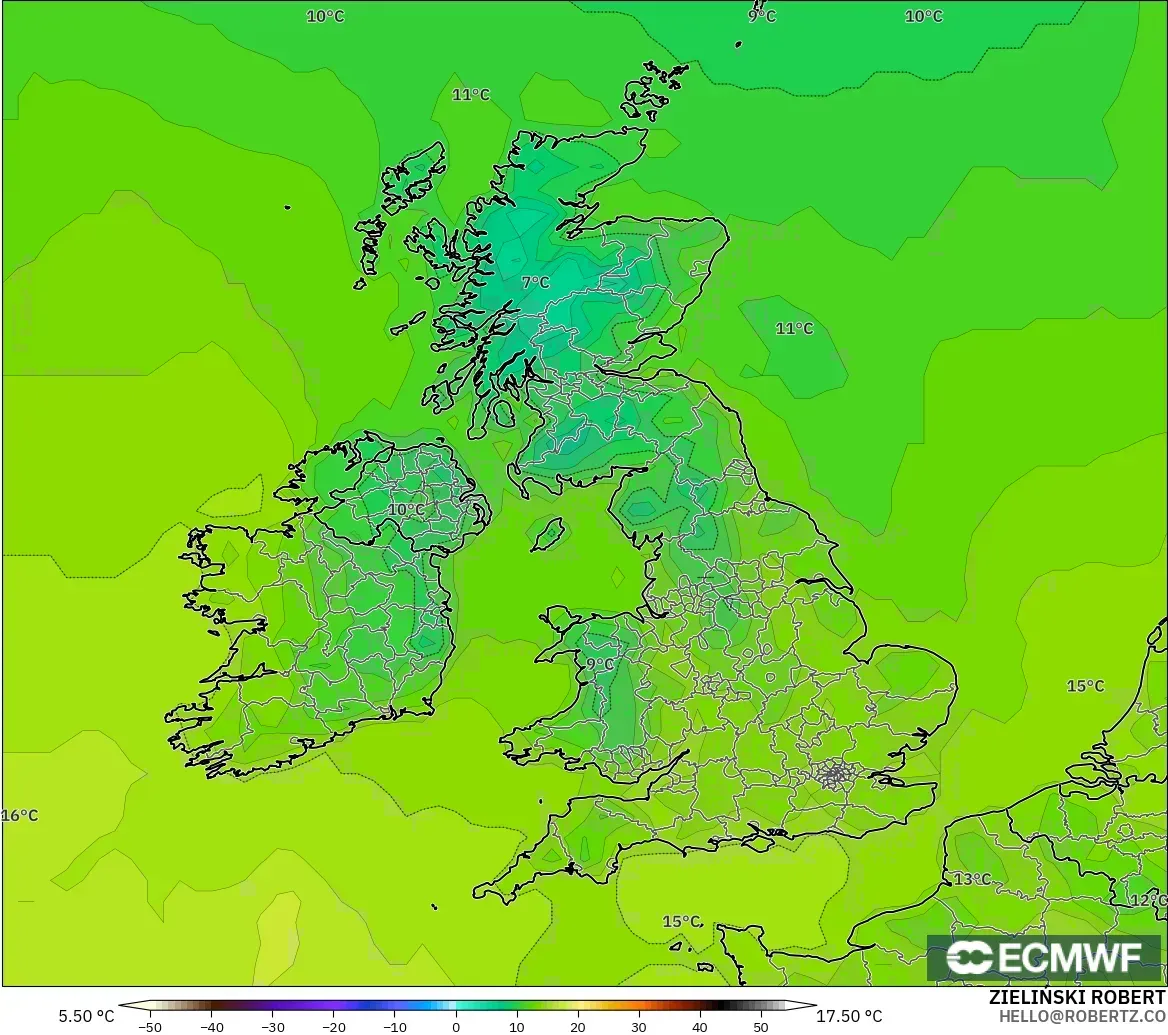 ECMWF IFS 0.25° modelo - Reino Unido, Temperatura a 2 m