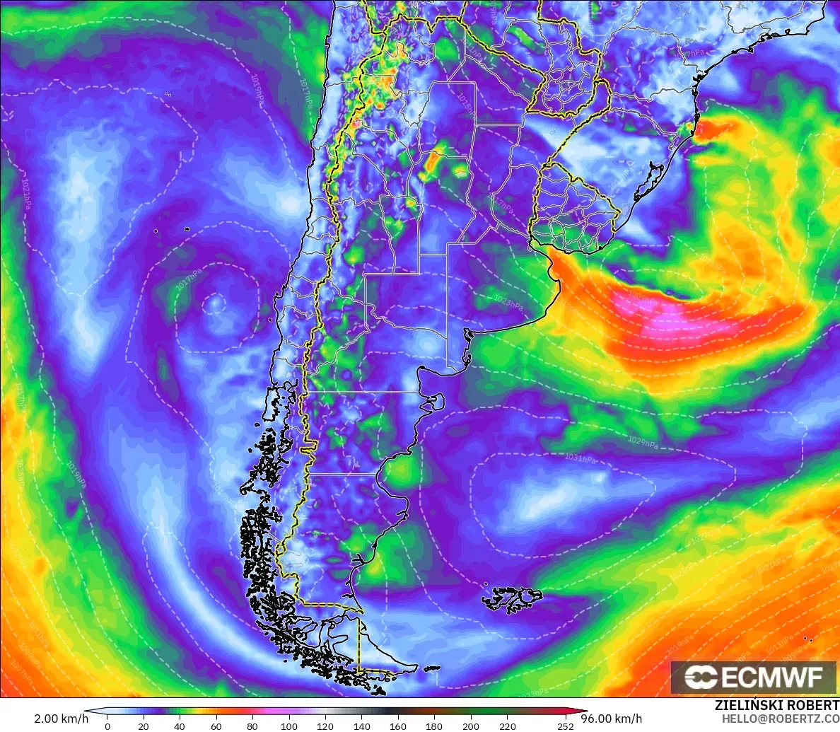 ECMWF IFS 0.25° modelo - Argentina, Ráfagas de Viento Máximas