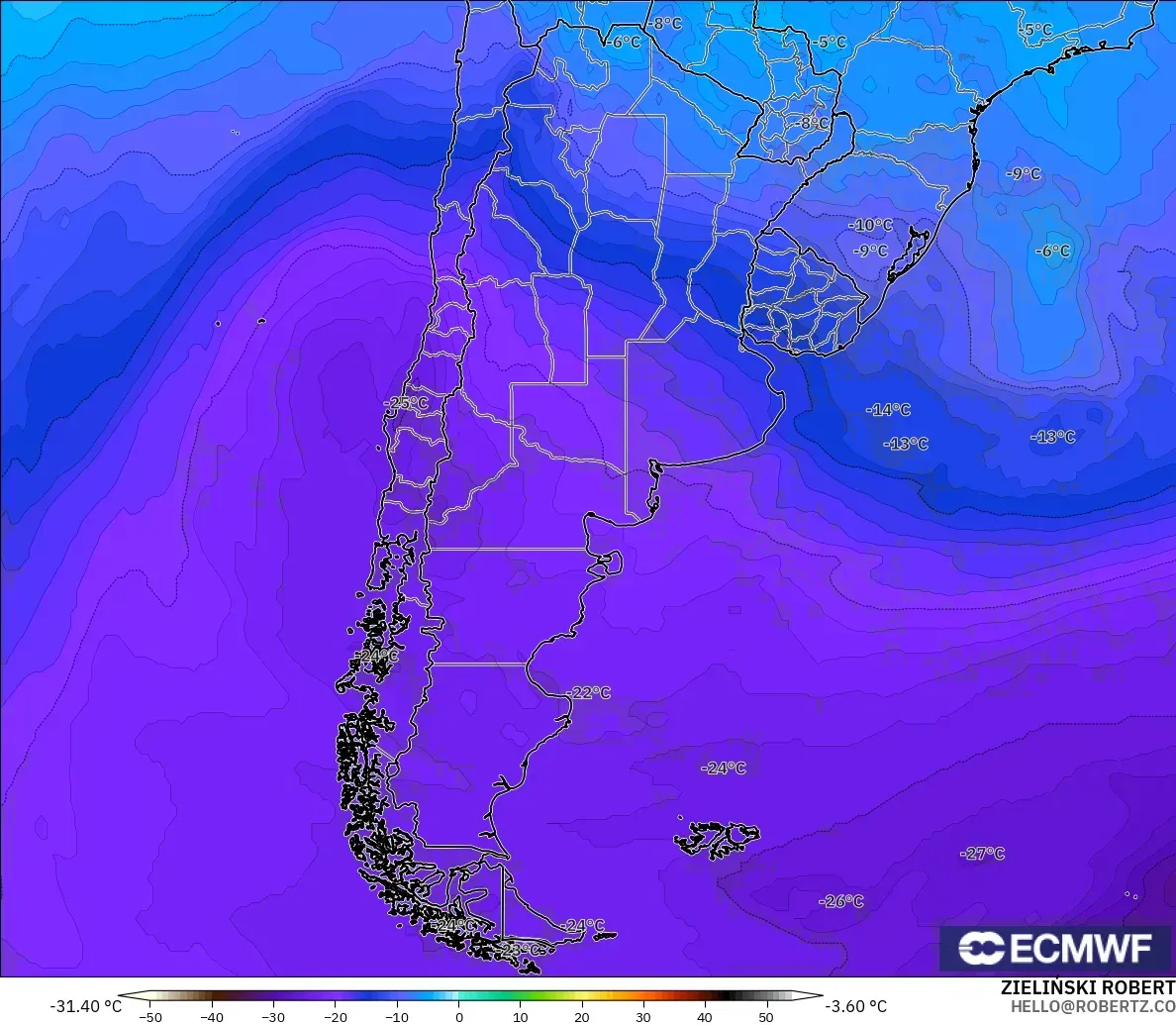 ECMWF IFS 0.25° modelo - Argentina, Temperatura a 500 hPa