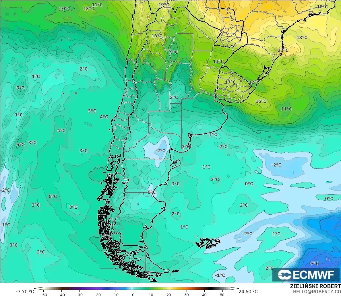 ECMWF IFS 0.25° modelo - Argentina, Temperatura a 850 hPa