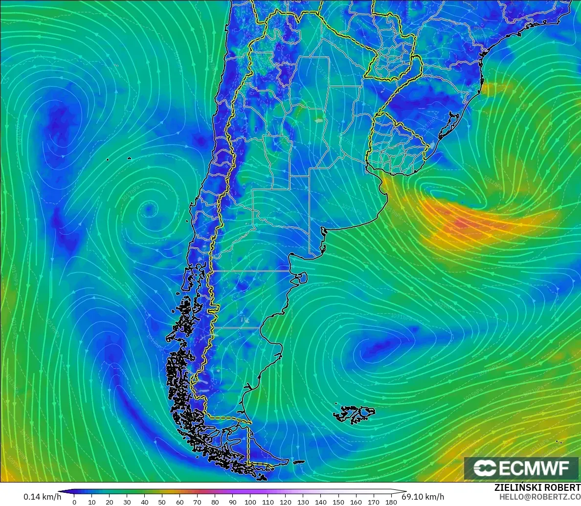 ECMWF IFS 0.25° modelo - Argentina, Viento a 10 m