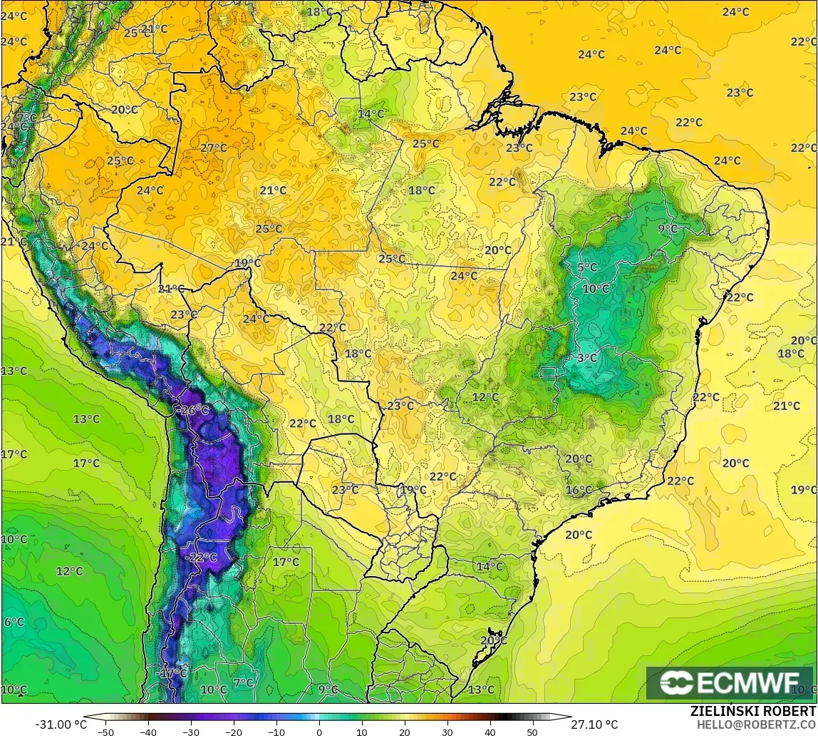 ECMWF IFS 0.25° modelo - Brasil, Punto de rocío a 2 m