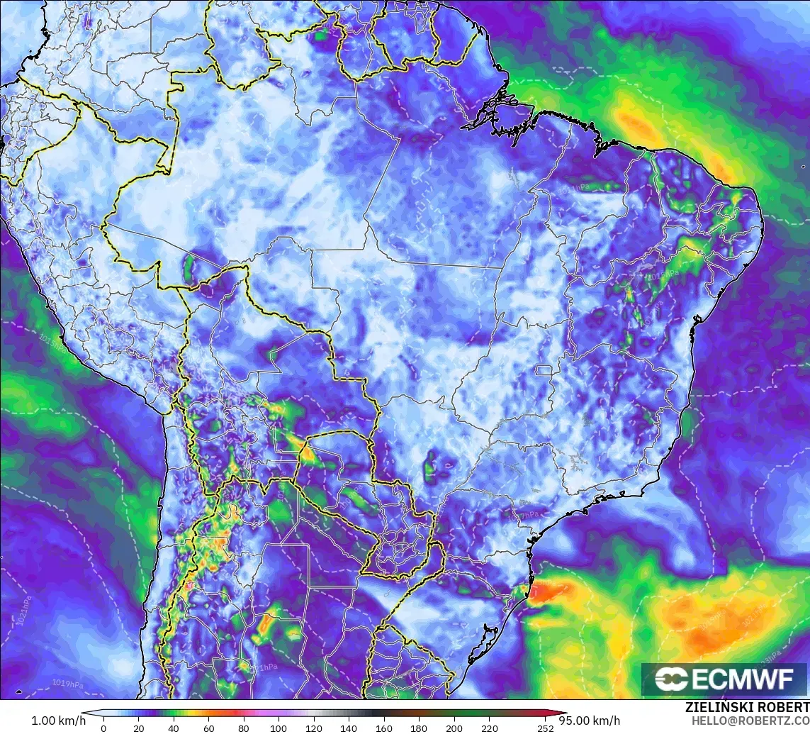 ECMWF IFS 0.25° modelo - Brasil, Ráfagas de Viento Máximas