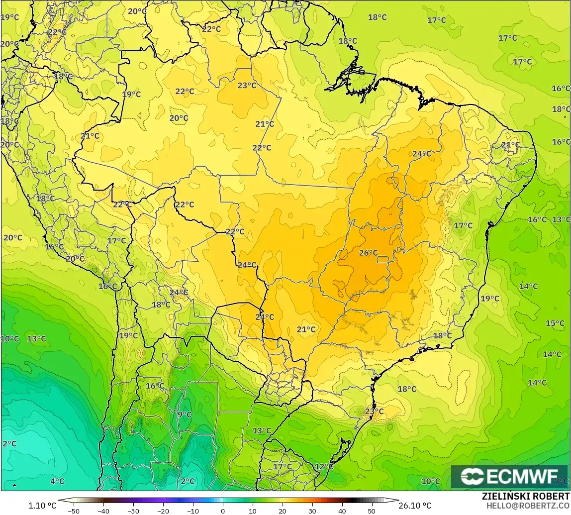 ECMWF IFS 0.25° modelo - Brasil, Temperatura a 850 hPa