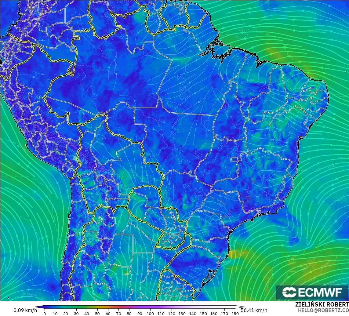 ECMWF IFS 0.25° modelo - Brasil, Viento a 10 m