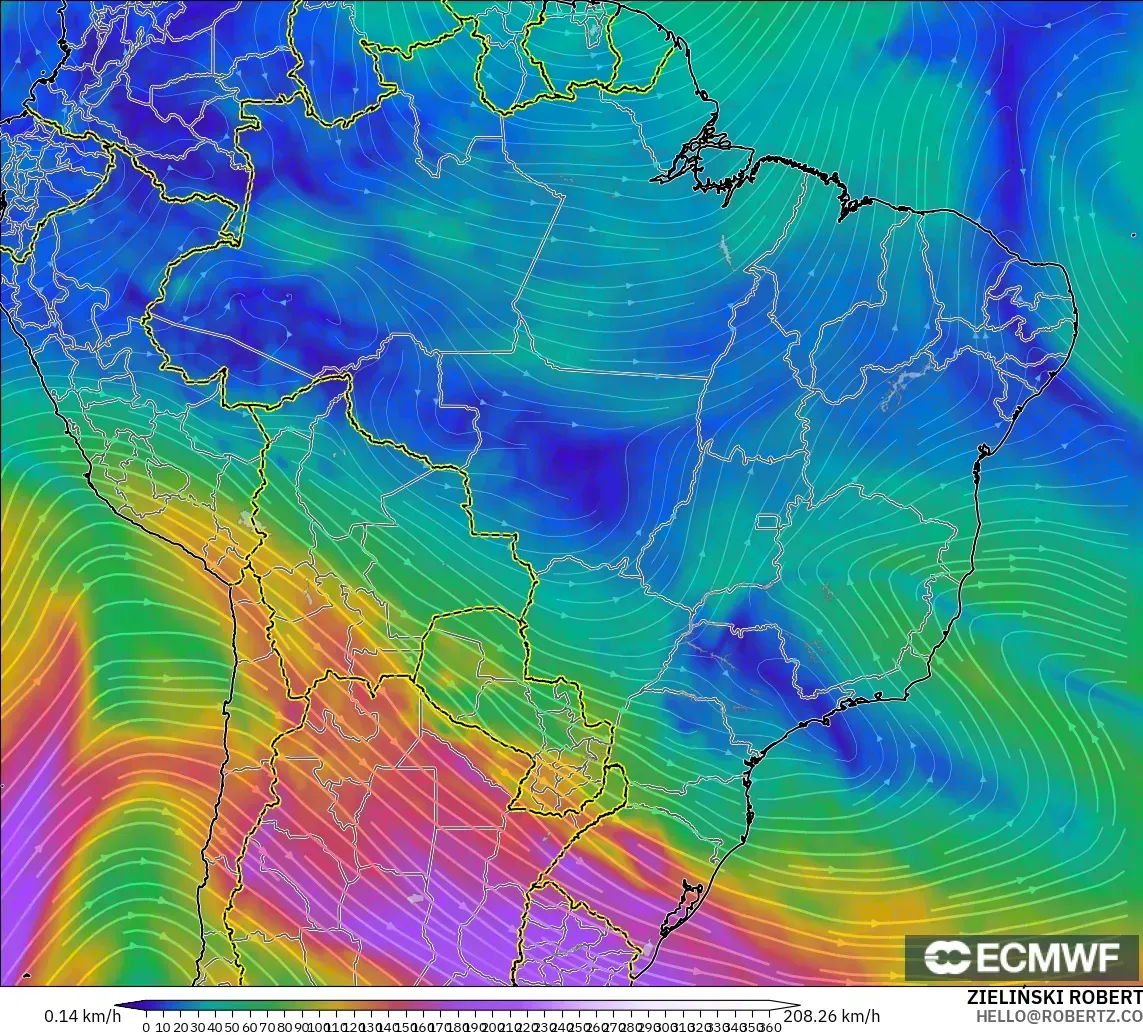 ECMWF IFS 0.25° modelo - Brasil, Viento a 300 hPa (corriente en chorro)