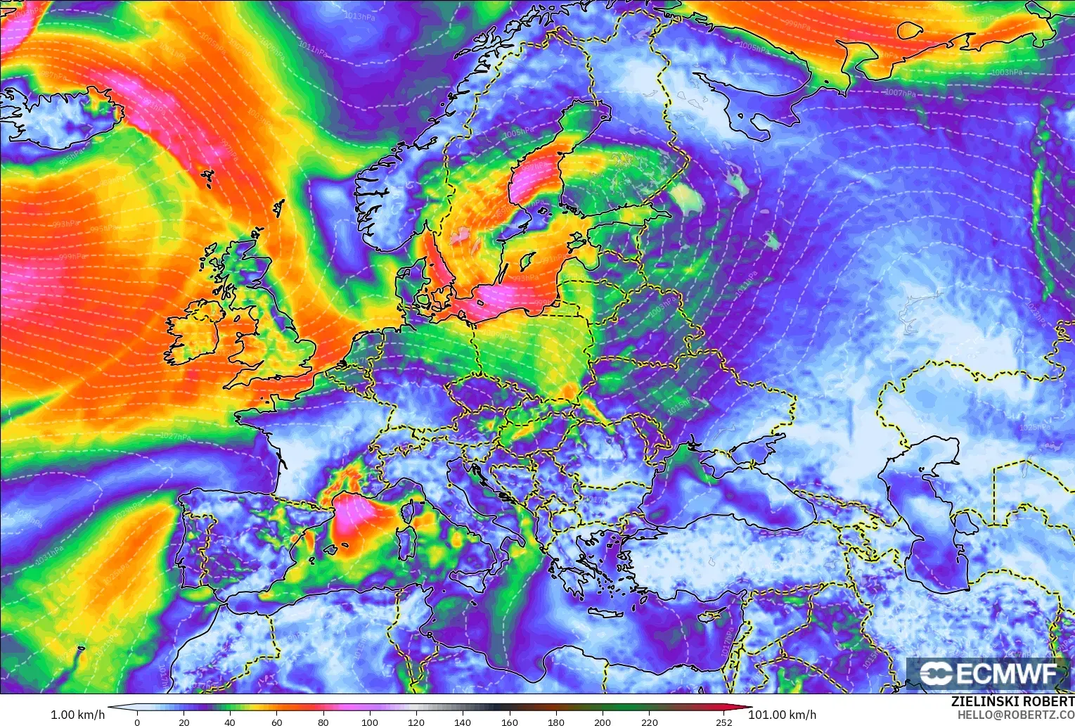 ECMWF IFS 0.25° modelo - Europa, Ráfagas de viento
