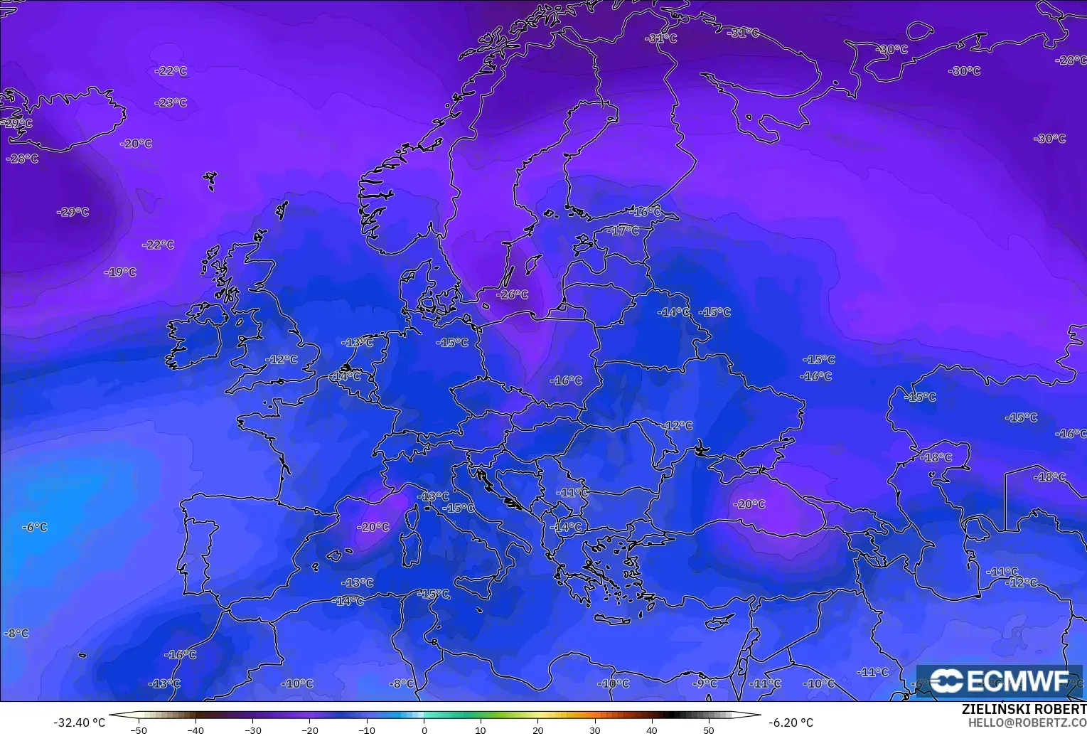 ECMWF IFS 0.25° modelo - Europa, Temperatura a 500 hPa