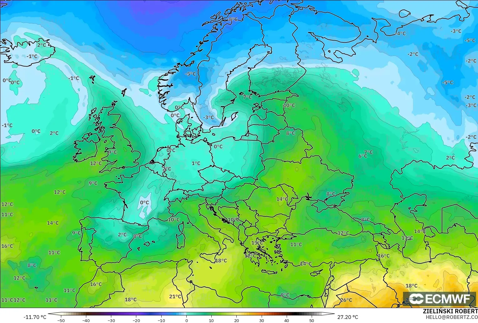 ECMWF IFS 0.25° modelo - Europa, Temperatura a 850 hPa