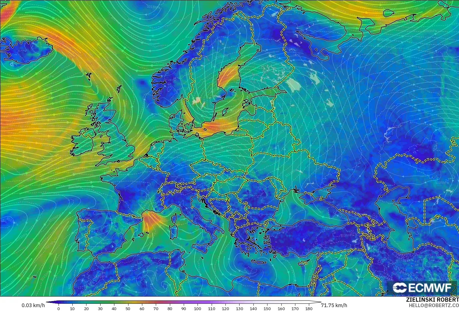 ECMWF IFS 0.25° modelo - Europa, Viento a 10 m