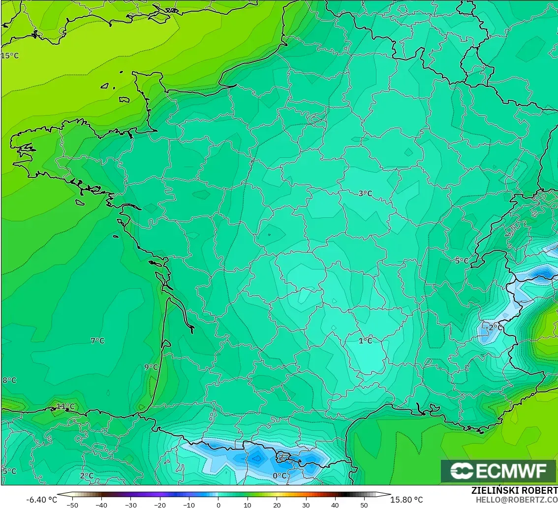 ECMWF IFS 0.25° modelo - Francia, Punto de rocío a 2 m
