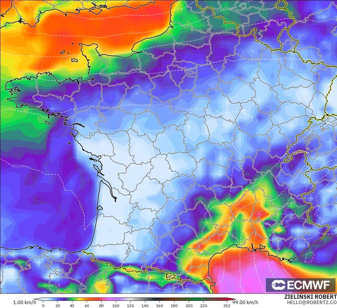 ECMWF IFS 0.25° modelo - Francia, Ráfagas de viento