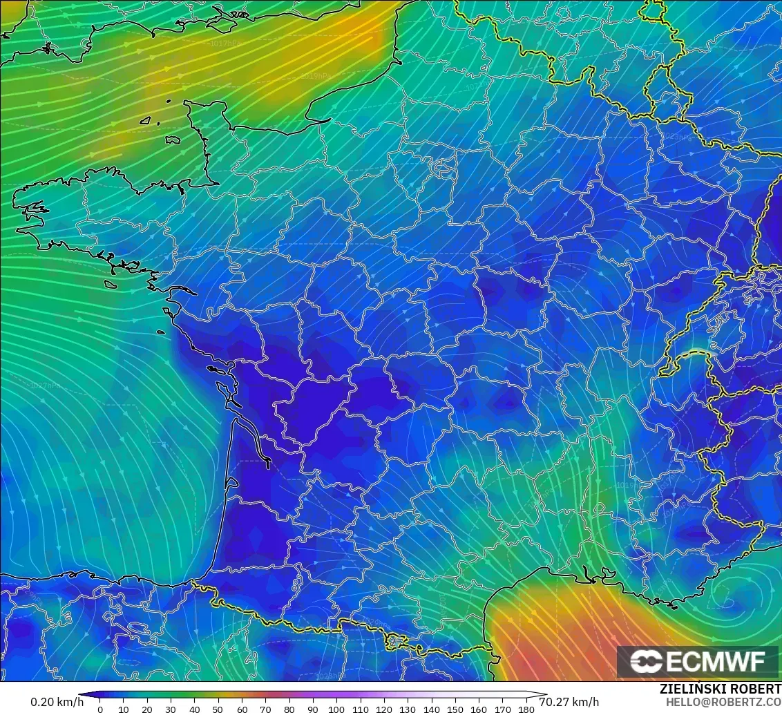 ECMWF IFS 0.25° modelo - Francia, Viento a 10 m