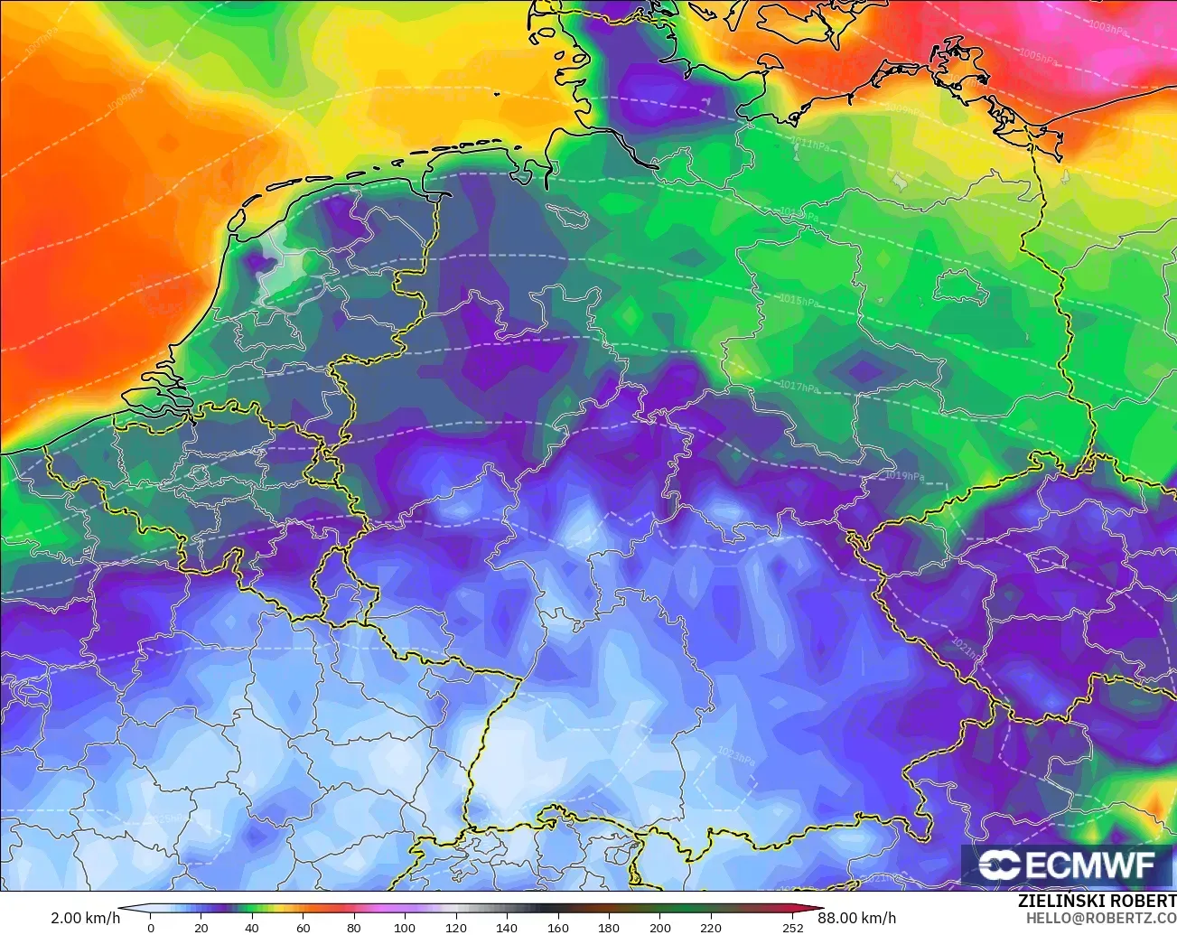 ECMWF IFS 0.25° modelo - Alemania, Ráfagas de Viento Máximas