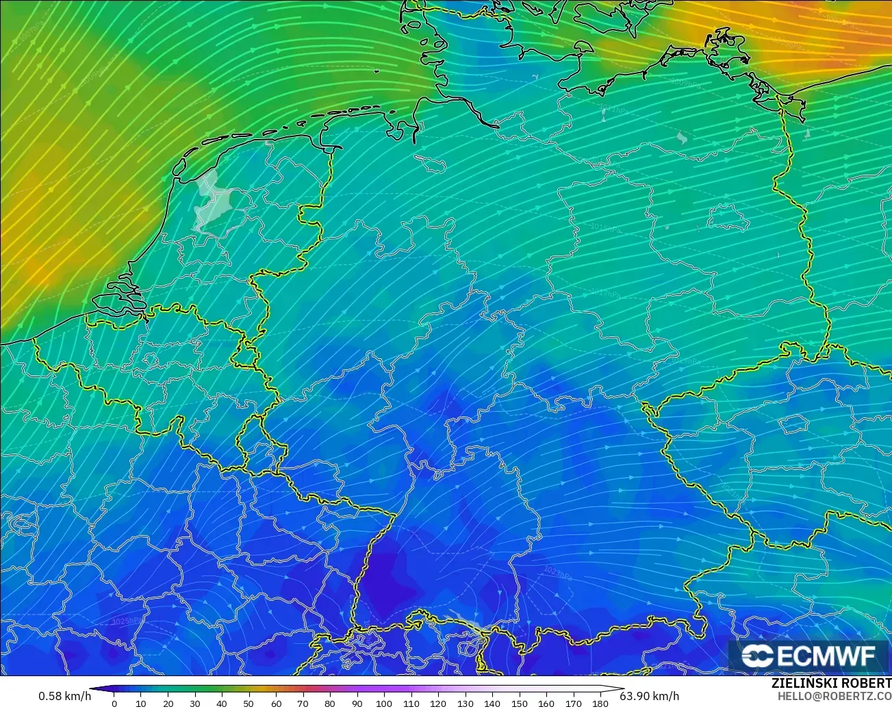 ECMWF IFS 0.25° modelo - Alemania, Viento a 10 m