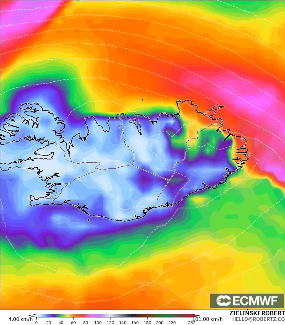 ECMWF IFS 0.25° modelo - Islandia, Ráfagas de Viento Máximas