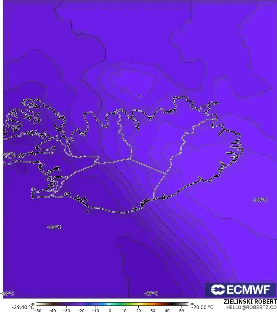 ECMWF IFS 0.25° modelo - Islandia, Temperatura a 500 hPa