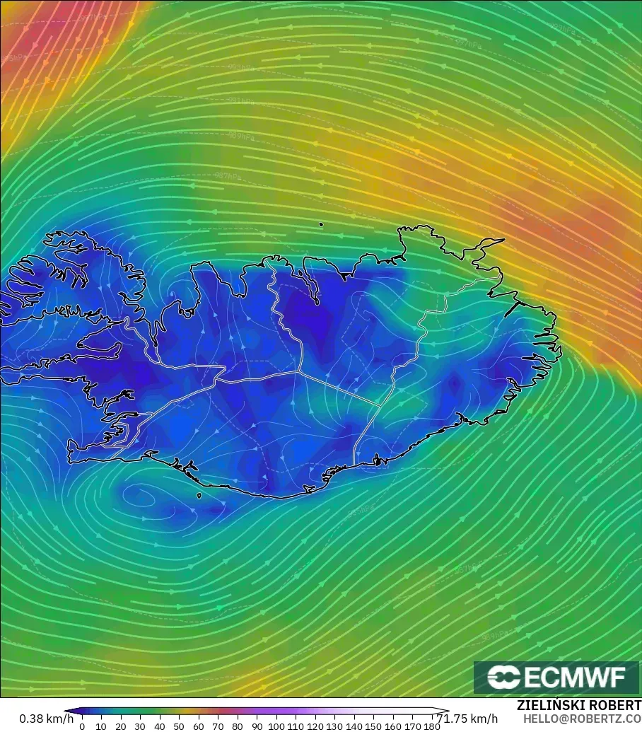 ECMWF IFS 0.25° modelo - Islandia, Viento a 10 m