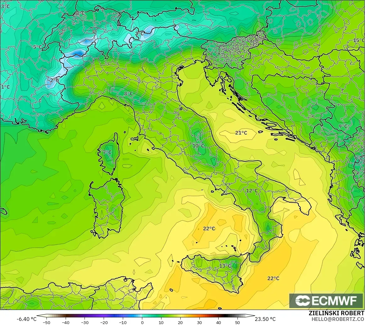 ECMWF IFS 0.25° modelo - Italia, Punto de rocío a 2 m