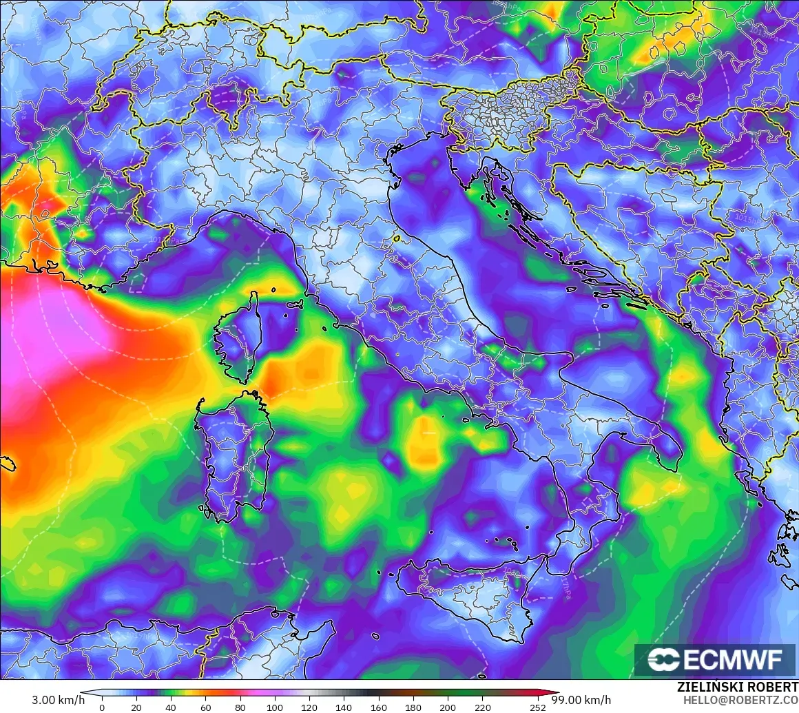 ECMWF IFS 0.25° modelo - Italia, Ráfagas de Viento Máximas