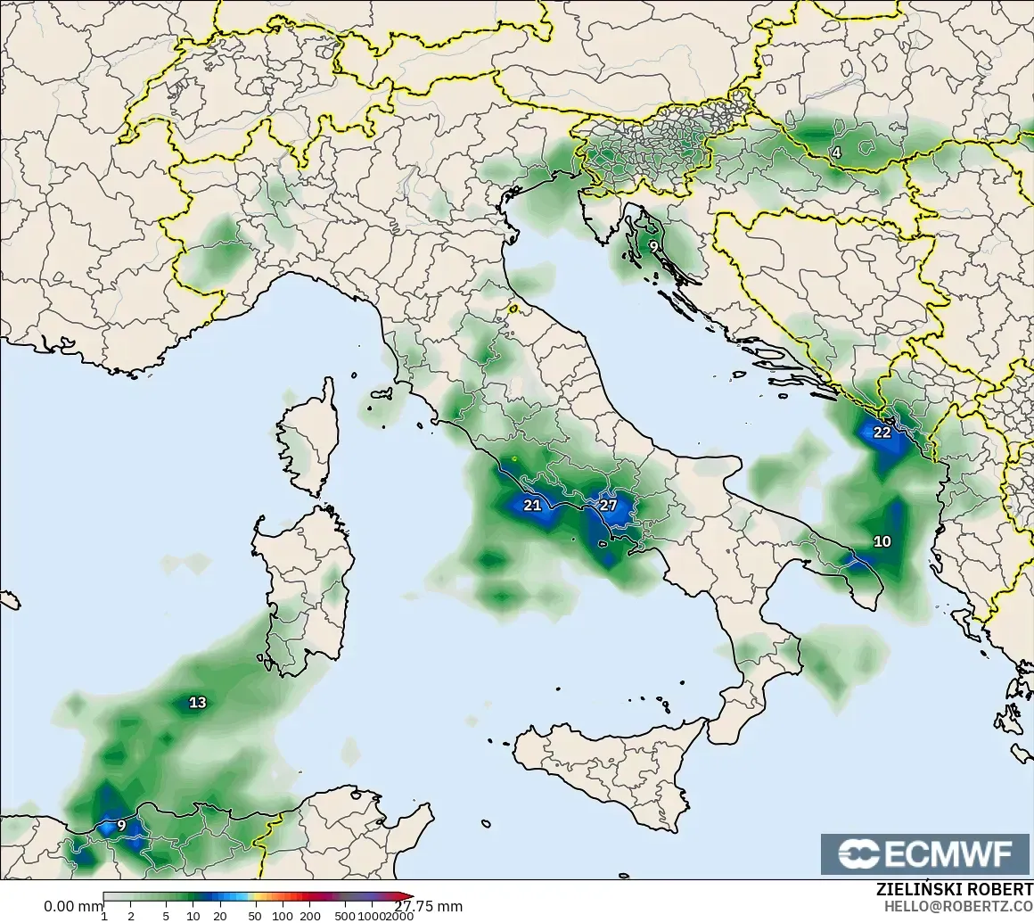 ECMWF IFS 0.25° modelo - Italia, Acumulación de precipitación