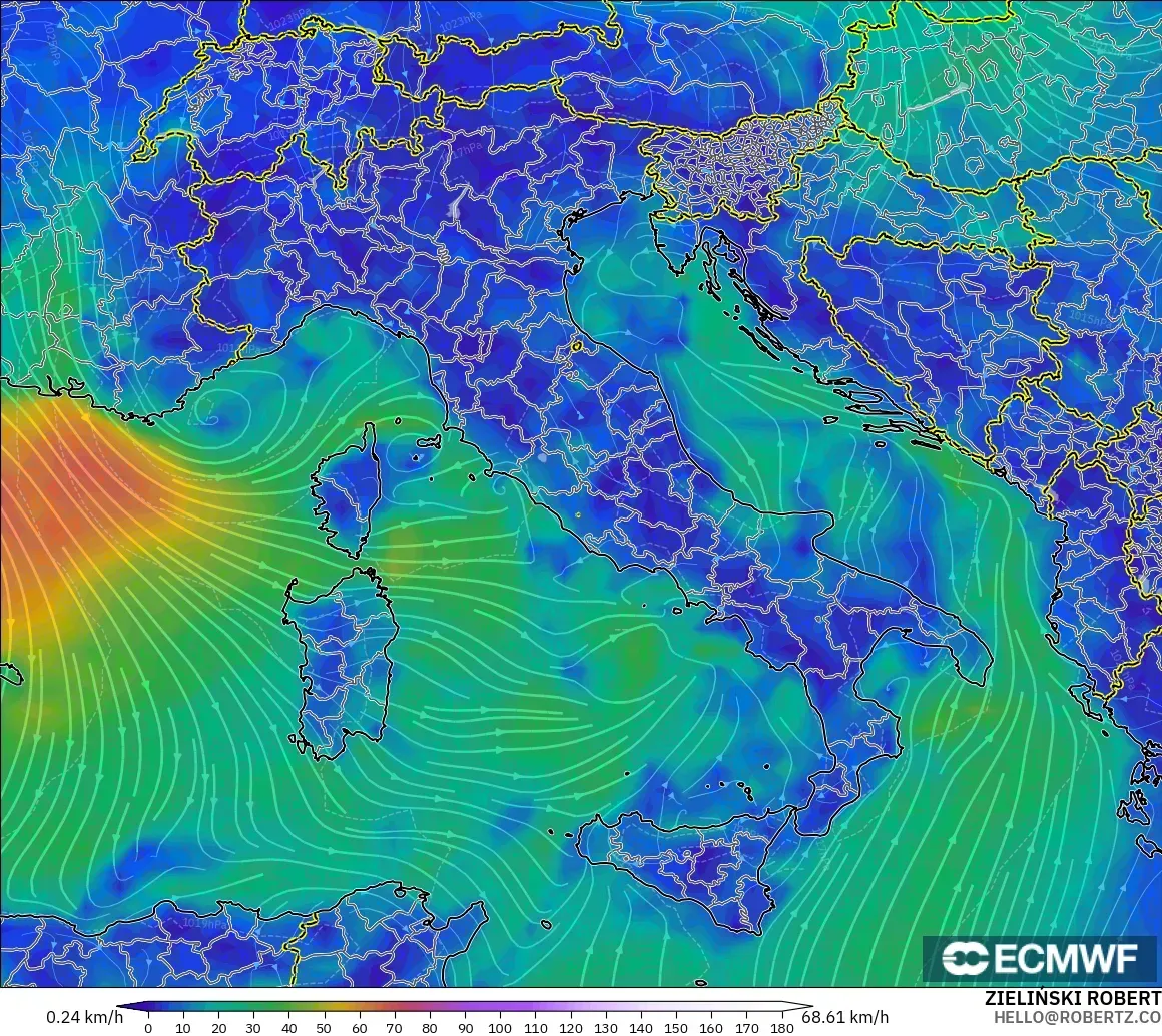 ECMWF IFS 0.25° modelo - Italia, Viento a 10 m