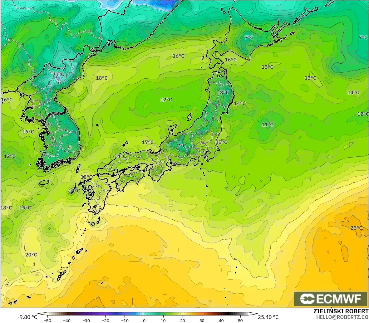 ECMWF IFS 0.25° modelo - Japón, Punto de rocío a 2 m