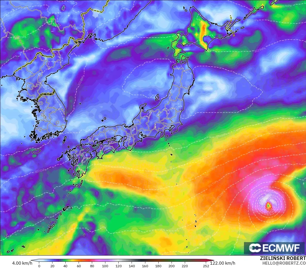ECMWF IFS 0.25° modelo - Japón, Ráfagas de Viento Máximas