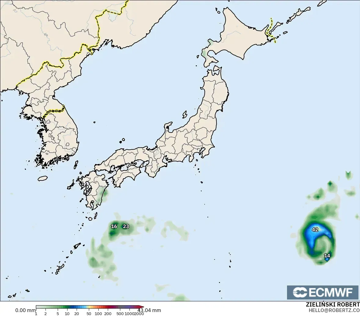 ECMWF IFS 0.25° modelo - Japón, Acumulación de precipitación
