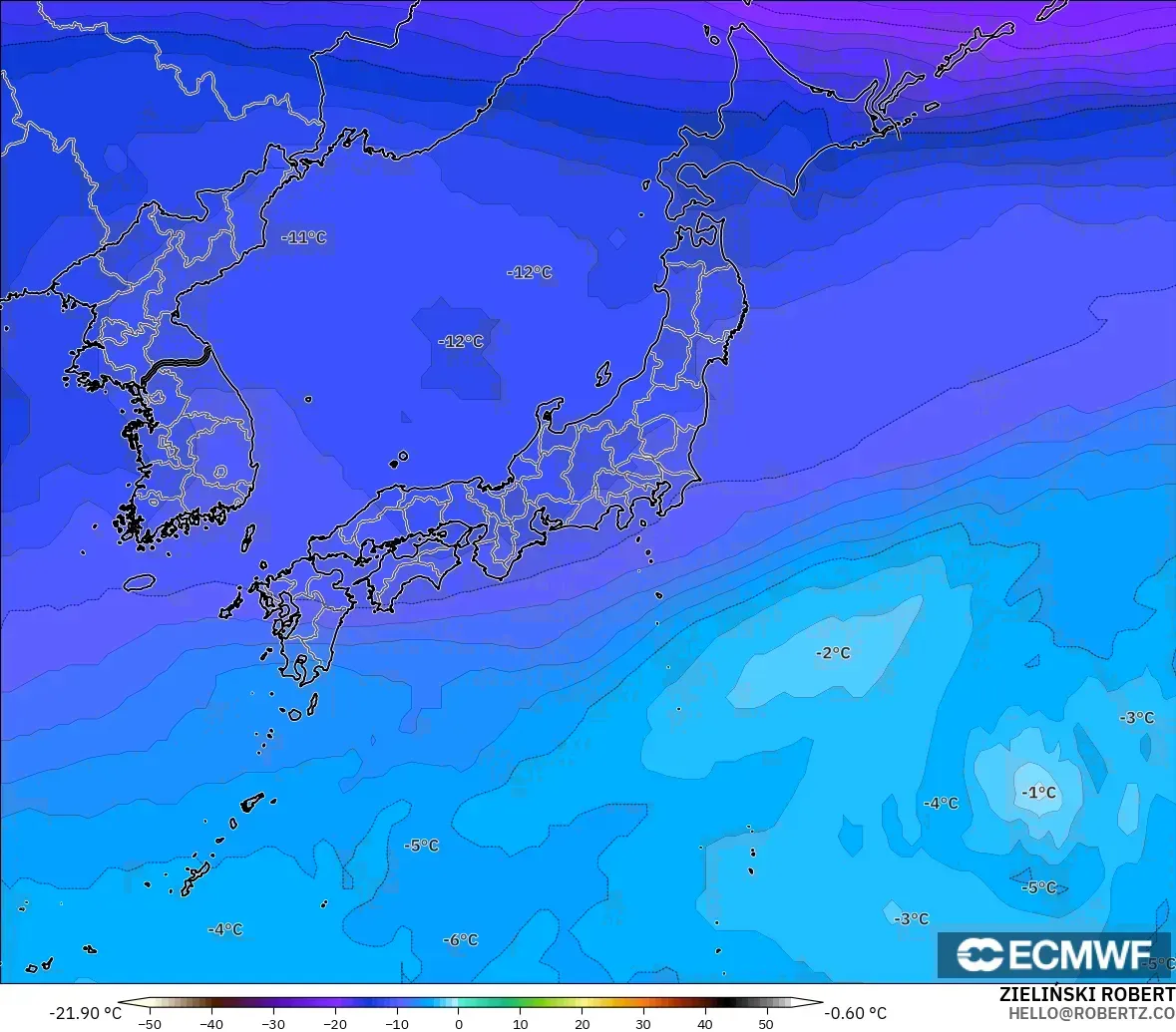 ECMWF IFS 0.25° modelo - Japón, Temperatura a 500 hPa