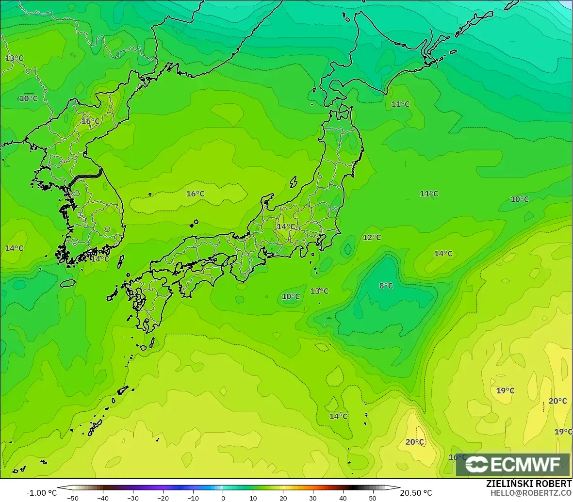 ECMWF IFS 0.25° modelo - Japón, Temperatura a 850 hPa