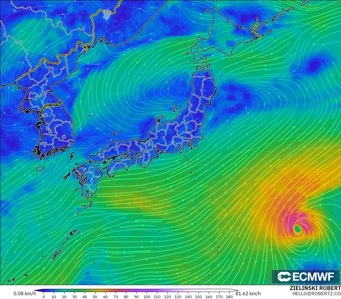 ECMWF IFS 0.25° modelo - Japón, Viento a 10 m